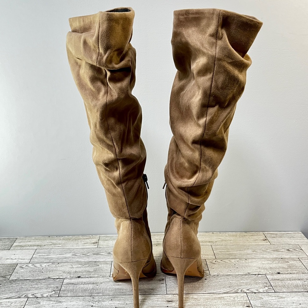 Slouchy Pointed-Toe High Heel Knee Boots - Tan - Picture 5 of 12